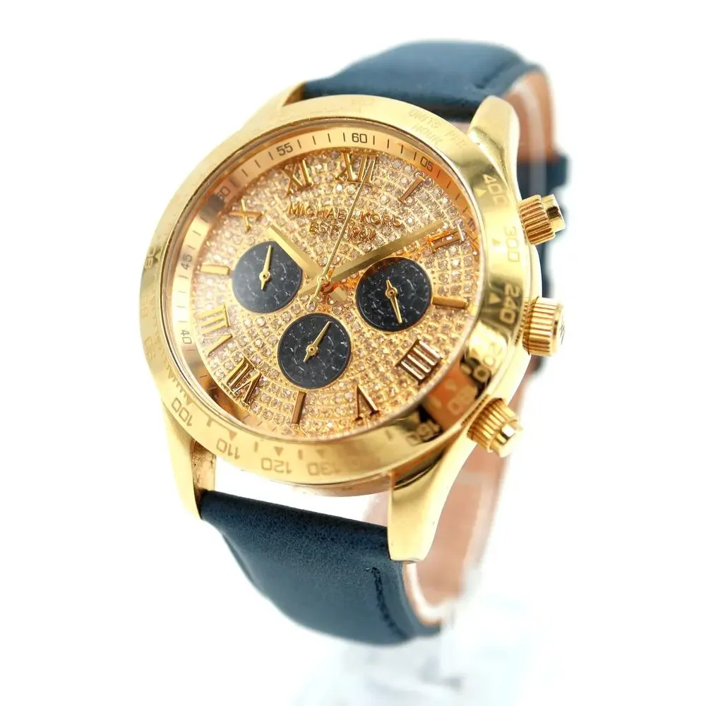 Michael Kors Layton Glitz Gold Black Chronograph 44mm Watch Blue Leather Strap